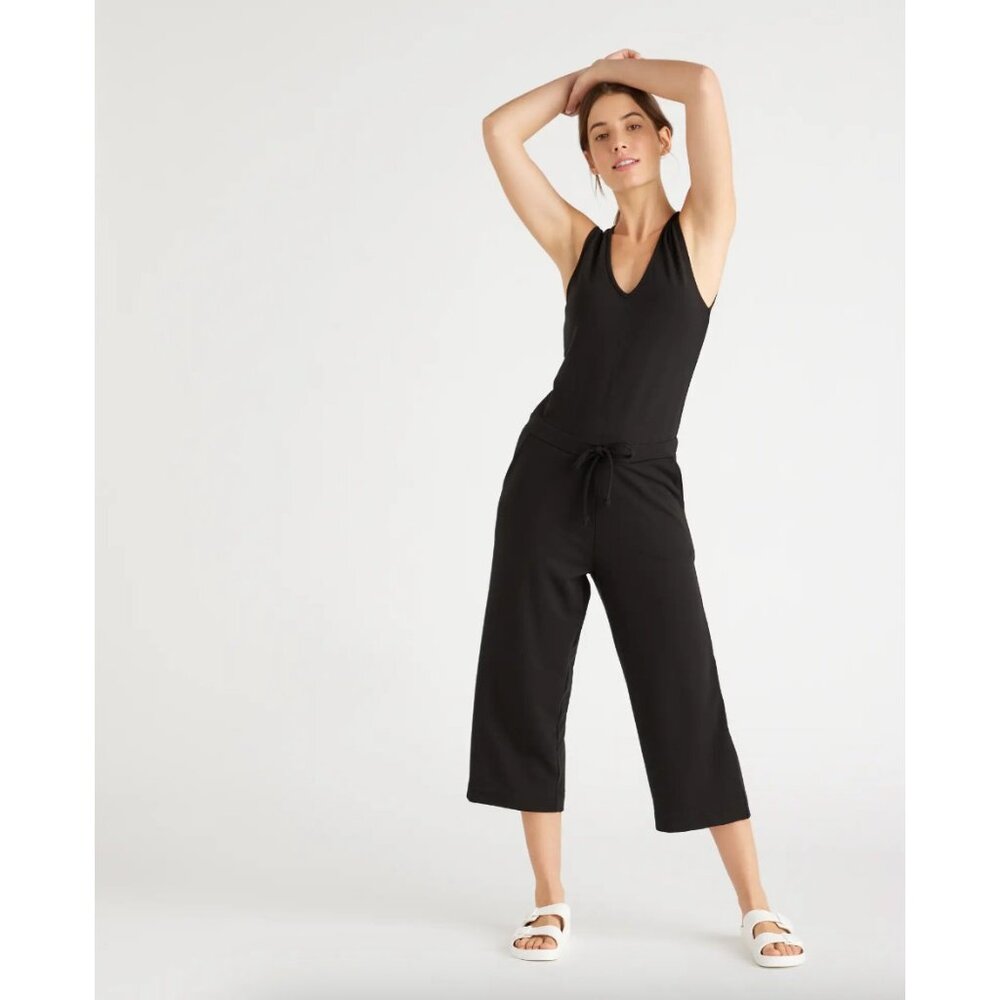 Quince Women’s Black French Terry Modal Jumpsuit sz S NWOT Sleeveless V-neck